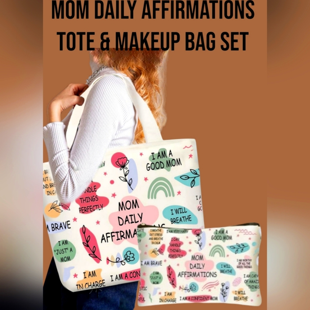 - Mom Daily Affirmations Tote & Makeup Bag Set